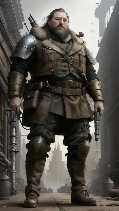 dieselpunkai, (Mark Addy) as Robert Baratheon, a dieselpunk general, long dieselpunk beard, yellow and brown dieselpunk general armor, dieselpunk boots, standing, near a dieselpunk helicopter, Game of Thrones, (1man), (solo), (full body view), beautiful de...