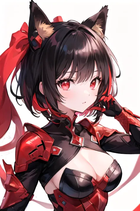 (masterpiece), best quality, beautiful ruby eye, black hair with red highlights, white skin, female, pretty face, low bust, red and black superhero outfit