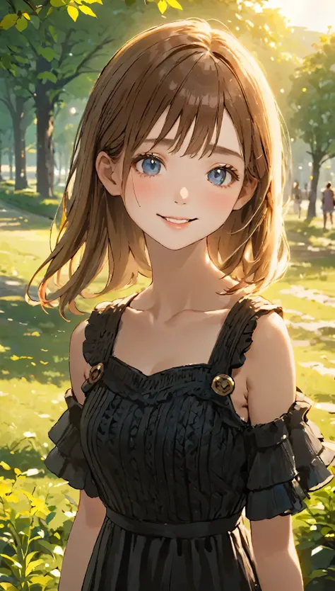 One Girl、Characteristic hairstyle、Random hair color、(((Cute Smile:0.1)))、Attractive eyes、Small Nose、Fuller lips、１６talent、Knitted dress、Black tight dress、Outdoor、Midsummer Sun、Summer Park、wood、highest quality、Ultra-high resolution、Very detailed、masterpiece:...