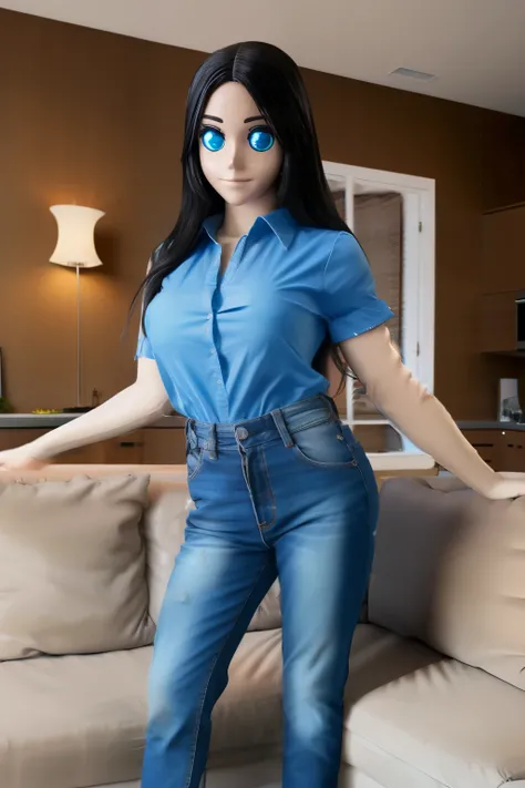 animatronic housewife, black hair, blue eyes, blue shirt, jeans, glowing eyes, on the couch, nsfw