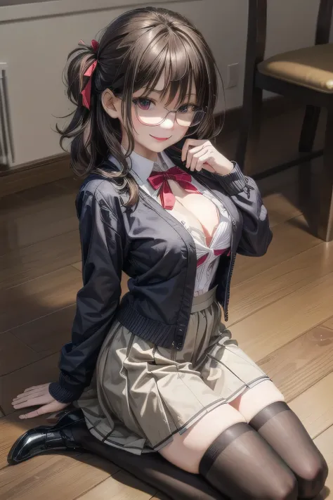 (Tabletop:1.0), (highest quality:1.4), (High resolution:1.2), From the side,Sharp contours,  boyish, highest quality, masterpiece,Glasses,Voice of the Heart,20-year-old woman,yandere,Big Breasts,Chest to chest,Lying face down,Ecstasy,saliva,blush,Squint yo...