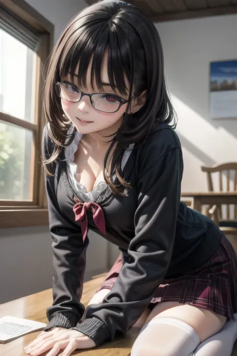 (Tabletop:1.0), (highest quality:1.4), (High resolution:1.2), From the side,Sharp contours,  boyish, highest quality, masterpiece,Glasses,Voice of the Heart,20-year-old woman,yandere,Big Breasts,Chest to chest,Lying face down,Ecstasy,saliva,blush,Squint yo...