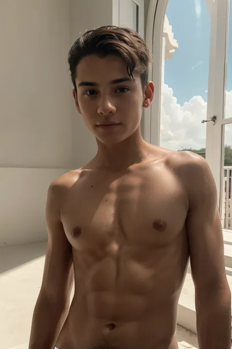 A beautiful 13 year old boy, completamente desnudo, cuerpo completo, luz de sol, cara clara, fondo blanco limpio, obra maestra, Super detail, epic composition, Ultra High Definition, Alta calidad, extremadamente detallado, arte oficial, fondo de pantalla u...