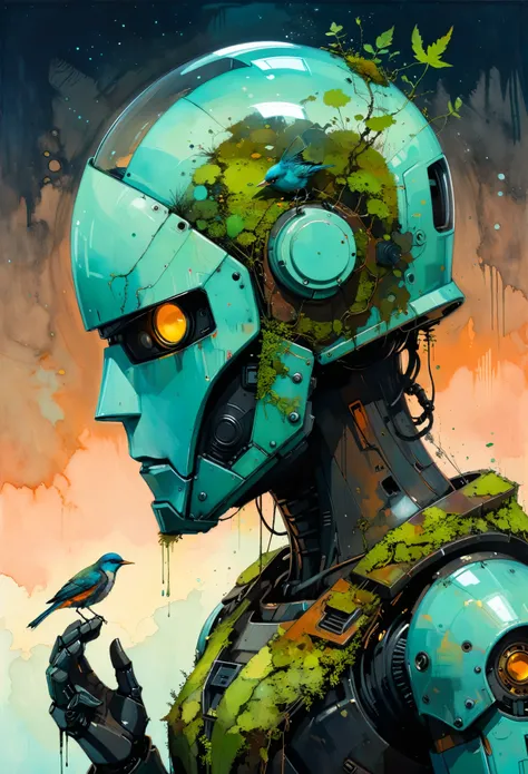 painting , drawing by conrad roset close up , reflections on helmet a giant robot looking at a bird stopped on its hand , (glass...