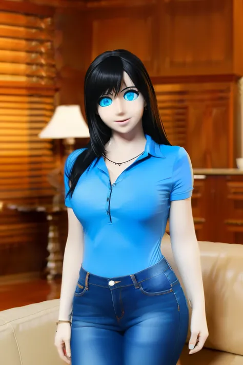 animatronic housewife, black hair, blue eyes, blue shirt, jeans, glowing eyes, on the couch, nsfw