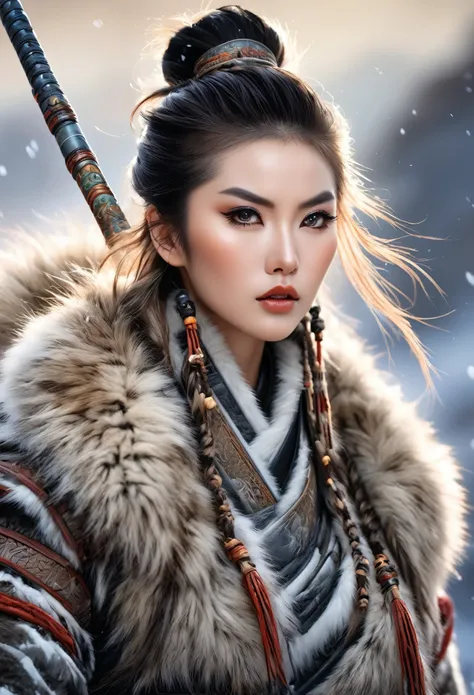 (best quality,4k,8K,High resolution,masterpiece:1.2),Extremely detailed,(Practical,photoPractical,photo-Practical:1.37),Thick fur winter coat,Creative fusion of traditional Chinese design patterns and contemporary elements, High Ponytail, Intense expressio...