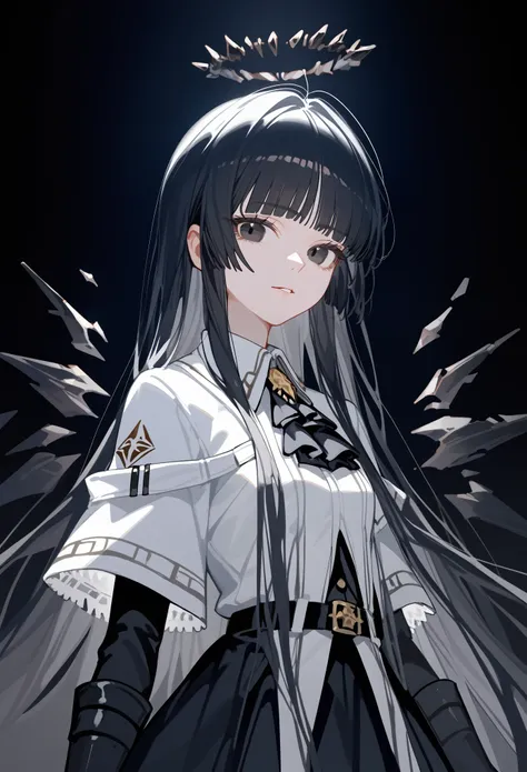 (score_9, score_8_up, score_7_up), 1girl, virtuosabase, black eyes, long hair, hime cut, broken halo, black ascot, white shirt, ...