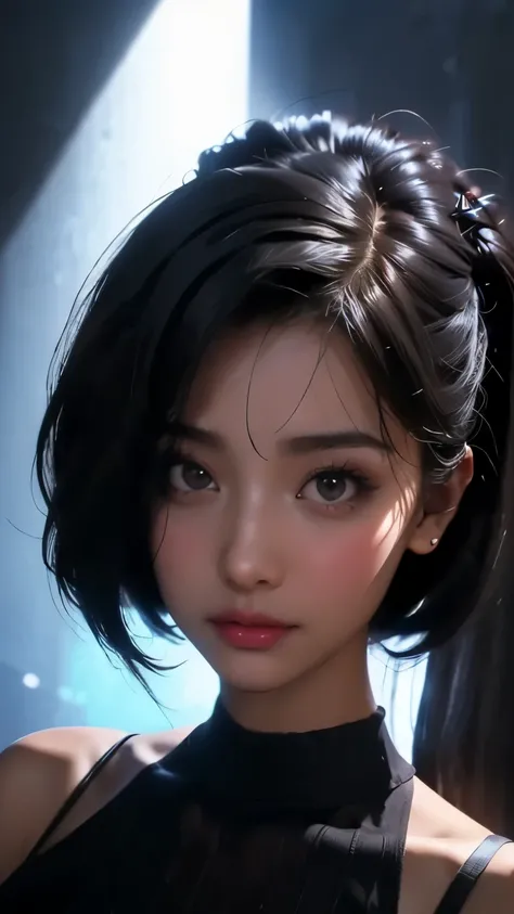 ultra high res, masterpiece, best quality, perfect glossy shiny skins, perfect lighting, detailed lighting, dramatic shadows, ray tracing, black sweater, off shoulder, Big breasts, Exposed cleavage, nsfw, ((Dark background)), Sexy face, Facial expressions ...