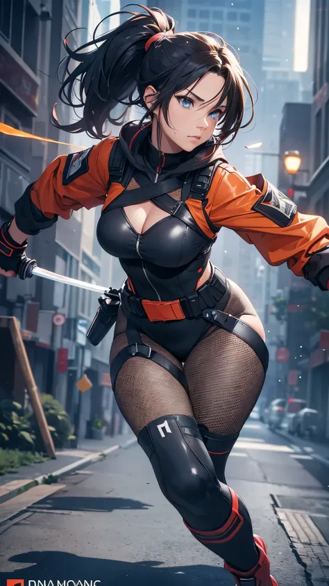 a woman with a brown ponytail hair, wearing a ninja jacket, bra top, leotard, spandex, fishnet pantyhose, and raced-up-long-boots, holding a katana and a long sword, running outside the buildings, (best quality,4k,8k,highres,masterpiece:1.2),ultra-detailed...