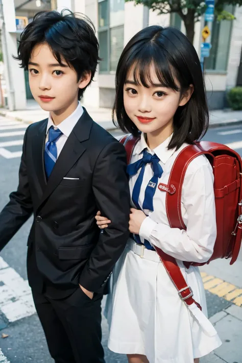 Masterpiece, hd, realistic, highschool students, 1girl and 1boy,  school_uniform, standing, outdoor, a couple a boy  and a girl, (1boy, black hair, smilewearing black blazer, white collared shirt, necktie, standing), (1girl, black hair, short hair, smile, ...