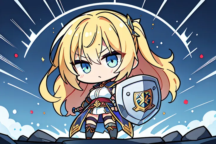 (chibi), 騎士風の女warrior, blonde, powerful, armor, sword, (shield), brave, middle ages, battlefield, warrior, preparing for battle,...