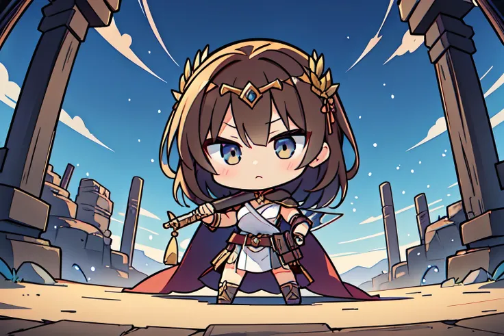 (chibi), Ancientの女戦士,
Brown Hair, (circlet), Robe, Amazon, shield, gun, Tribal, Tattoo, Brave, desert, Brave, Fight, Ancient, Warrior, strength,

Ancientのdesertで戦うAmazonの女戦士を描いてください。彼女はシンプルながらも機能的なTribalな衣装を身にまとい、gunとshieldを持っています。彼女の肌には戦士のTattooが刻まれ、彼女のst...