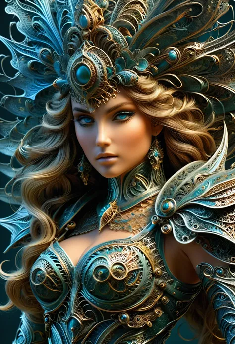 Adriana Malkova is a beautiful, ethereal knight, cheveux verts sombre lumineux, in the style of Boris Vallejo,  highly detailed sexy filigree armor, very detailed face, highly detailed skin, sublimely shaped body, abdominaux légèrement dessinés, (Des propo...