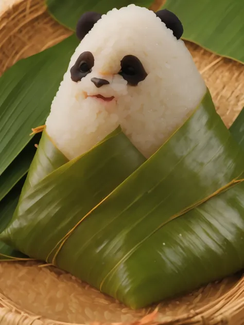 a panda-shaped zongzi, made of glutinous rice, has a cute expression, the lower half of the body is wrapped in tapered leaves, t...