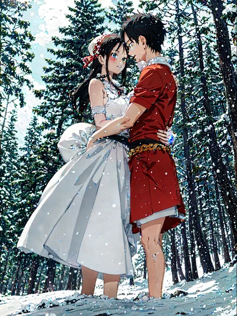 couple, 1 girl 1 boy, they hug. they are near pine trees with snow. full figure. background snow forest, onepiece, monkey d luff...