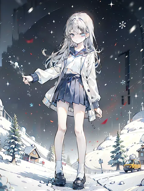 HD，Snowy town，heavy snow，girl，15 years old，cartoon，，Very thin，Orange long hair，Medium chest，Thin waist，Very thin legs，Thin legs，College sweater，coat，Blue pleated skirt，Small thin legs，White sports socks，Small leather shoes，Standing，whole body