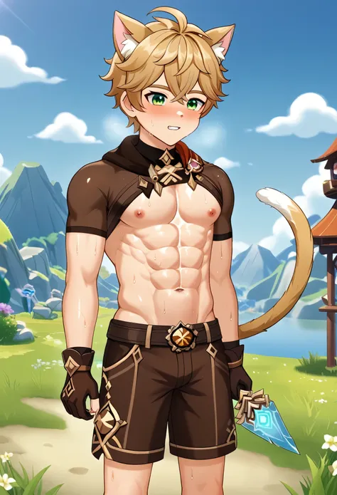 bennett (genshin impact), young boy, cat ears, chiseled abs, chiseled pecs, 12 years old, sweating, outdoor