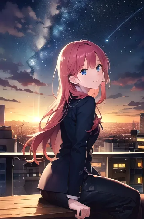 1girl, anime_coloring, blue _eyes, red_hair, long_hair, smile, solo, style_parody, / octans, sky, star (sky), scenery, starry sky, night, night sky, solo, outdoors, building, cloud, milky way, sitting, tree, city, silhouette, cityscape, looking at sky, 8k,...