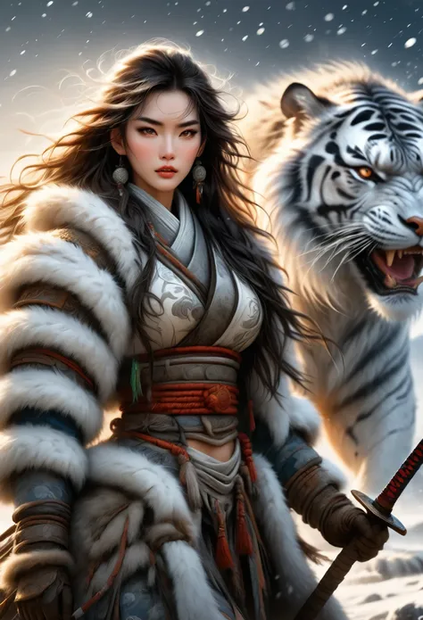 (best quality,4k,8K,High resolution,masterpiece:1.2),Extremely detailed,(Practical,photoPractical,photo-Practical:1.37),Thick fur winter coat,Creative fusion of traditional Chinese design patterns and contemporary elements, Messy hair, Intense expression, ...