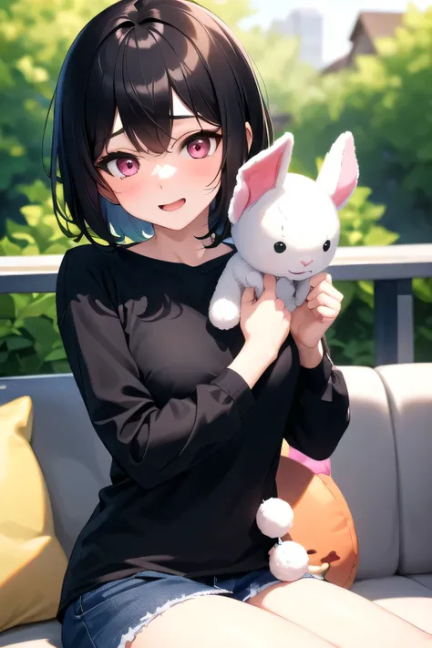 The girl with short messy black hair and pink love eyes, was sitting outside in casual clothes, and holding a stuffed rabbit with a spoiled and happy facial expression.