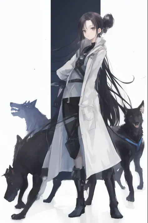 (ponytail forehead hair pulled back:1.3) (black hair:1.3), a woman in a white coat and black boots standing next to a dog, from arknights, by Jin Homura, official character art, female anthropomorphic wolf, good boy giant mecha wolf hound, arknights, moder...