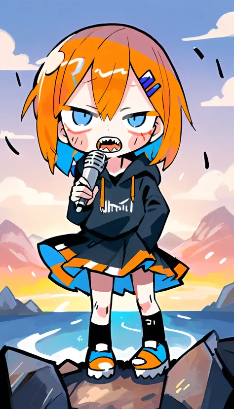 whole body　Chibi Character　hoodie　Black Skirt　blue eyes　Orange Hair　barefoot　Jagged teeth　Landscape　Dynamic Microphone　Singing with closed eyes