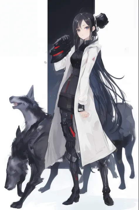 (ponytail forehead hair pulled back:1.3) (black hair:1.3), a woman in a white coat and black boots standing next to a dog, from arknights, by Jin Homura, official character art, female anthropomorphic wolf, good boy giant mecha wolf hound, arknights, moder...