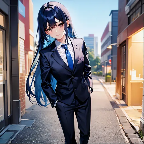 Blue Hair、Long Hair、Brown Eyes、business suit