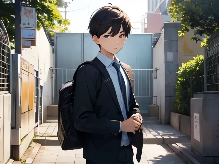 Entering the school gate，carrying a bag，The look in his eyes reveals his anticipation for the new semester。