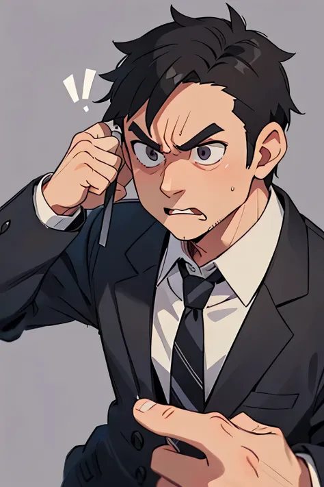 A 45-year-old man，Wear black collared clothes，Hold your phone and make a call，Angry expression