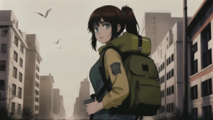 beautiful girl, beautiful girl against the backdrop of the zombie apocalypse, backpack on the girl&#39;s back, bare legs in stockings, The girl is wearing light clothes