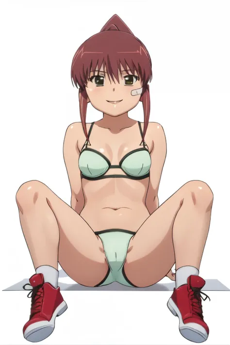 solo, 1girl, looking at viewer, rich colors, full body, (solid white background:1.3), riko suminoe, ponytail, nude, green underwear, sitting, spread legs, smile, looking at viewer