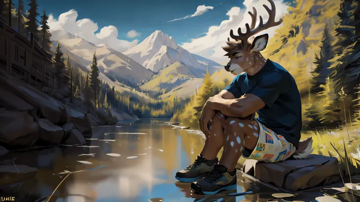 furry, deer, spotted shoulders and thighs, brown fur with white spots and antlers, male, wearing, in the woods, sitting near the water wearing a checkered shirt with tan shorts and black and white sneakers, (by chunie).