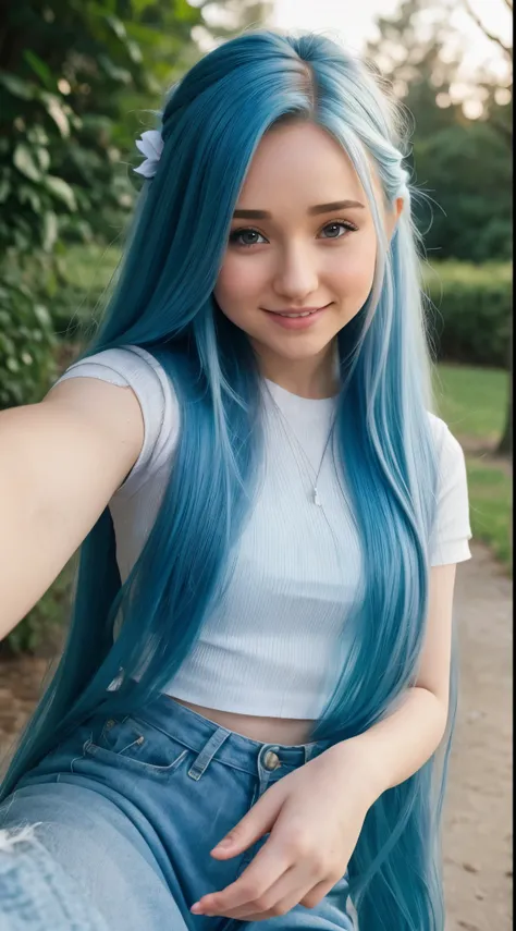 there is a picture of a pale skin young woman smiling, pokimane, eva elfie, (hayden panettiere), pale skin, beautiful long loose blue hair parted down the middle, 8k selfie photograph, photo inspired by kailee mandel, instagram picture, art inspired by val...