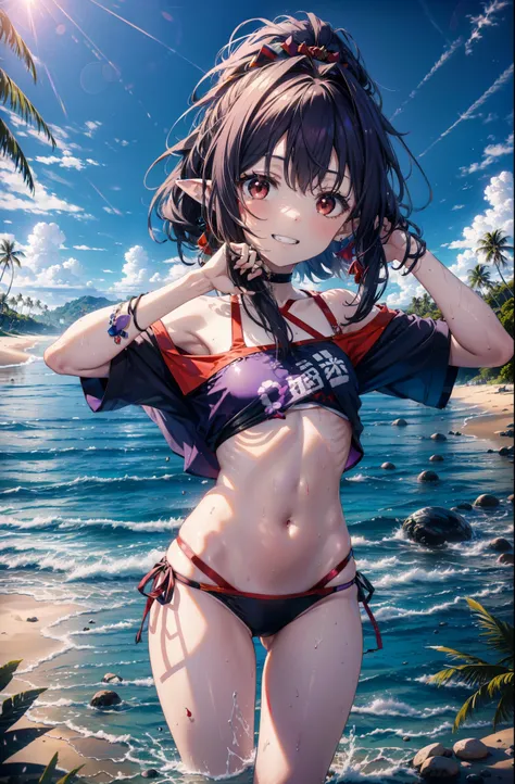 yuukikonno, Yuki Konno, hair band, Long Hair, Pointy Ears, Purple Hair, (Red eyes:1.5), (Small breasts:1.2), Grin,smile,purple bikini swimsuit,Oversized red t-shirt,One Shoulder,barefoot,Palm tree,He has a swim ring on his right arm,Palm tree,True Summer,w...