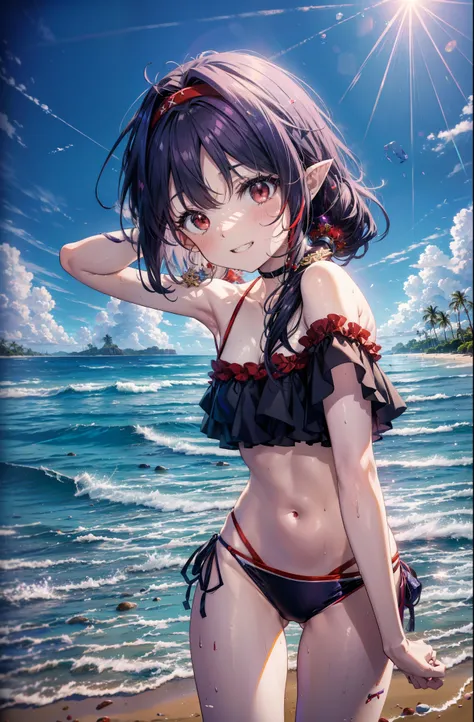 yuukikonno, Yuki Konno, hair band, Long Hair, Pointy Ears, Purple Hair, (Red eyes:1.5), (Small breasts:1.2), Grin,smile,purple bikini swimsuit,Oversized red t-shirt,One Shoulder,barefoot,Palm tree,He has a swim ring on his right arm,Palm tree,True Summer,w...