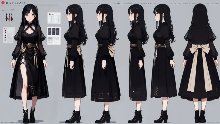 masterpiece, best quality, 1girl, solo, ((mature female)), round pupils, long hair, princess, black dress, fantasy, character sheet, turnaround