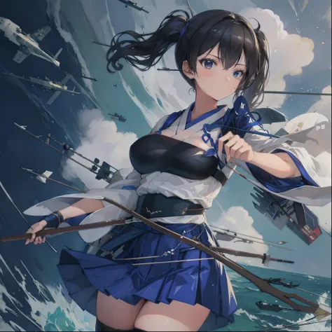 Kaga(Fleet Collection),highest quality, masterpiece, High resolution,kimono,blue skirt,side ponytail,big_breasts,solo,Japanese_bow&arrow,dynamic_posing,