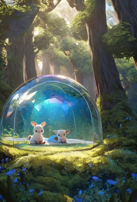 best quality, super fine, 16k, incredibly absurdres, extremely detailed, 2.5D, delicate and dynamic, cute baby animals taking shelter in a transparent and translucent iridescent blue dome, in the open forest