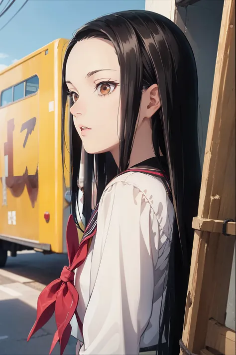 (masterpiece, best quality:1.2), kimetsu no yaiba style, kiyomi, (1girl, solo), (black long hair, straight hair), brown eyes, (serafuku, sailor suit), side view