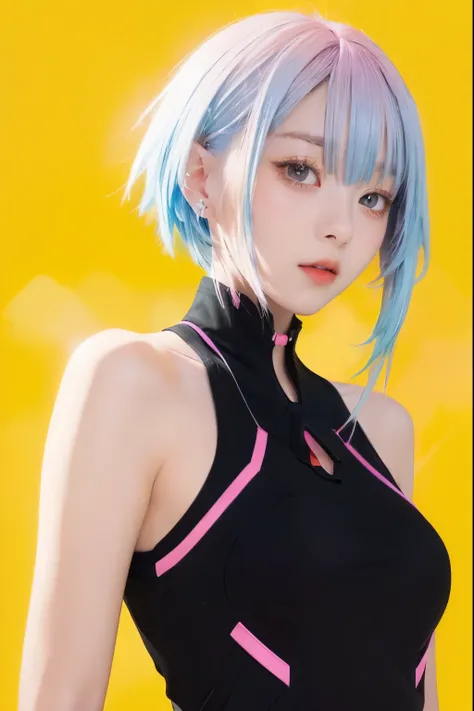 anime girl with blue hair and a black top with a pink trim, made with anime painter studio, anime styled digital art, digital an...