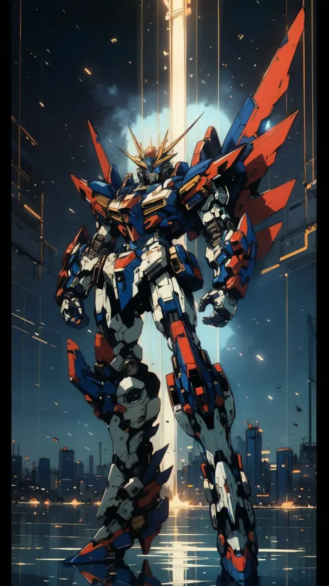 Humanoid Mecha, fully enclosed shoulder guards, matching arm and leg guards, full body, full armor, super robot, the design balances heavy with agility, (the color scheme is primarily white with red and blue accents, the concept Inspired by super robot, co...