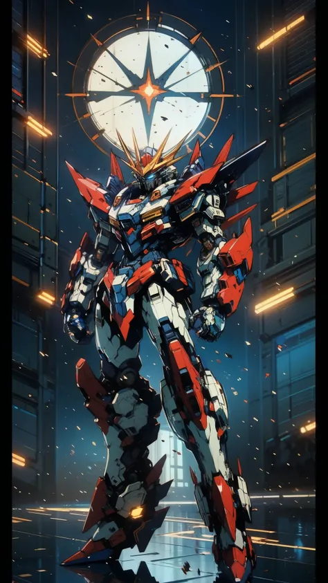 Humanoid Mecha, fully enclosed shoulder guards, matching arm and leg guards, full body, full armor, super robot, the design balances heavy with agility, (the color scheme is primarily white with red and blue accents, the concept Inspired by super robot, co...