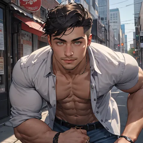 ((the best quality)), ((Masterpiece)), (details), perfect face, high definition, Masterpiece,4k,details clearly, Handsome face, white skin, perfect body, male body, strong muscles, abdomen, Gray eyes, white skin, The most handsome man in the world, handsom...