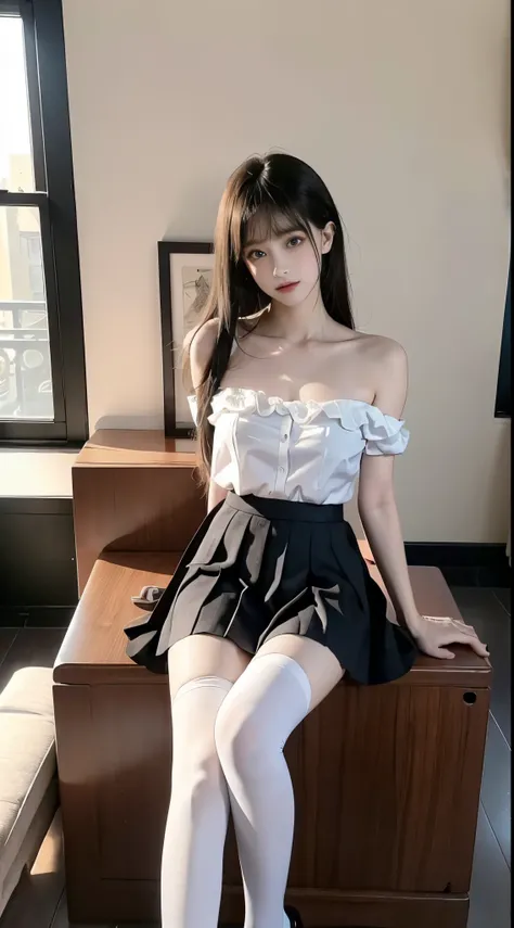 white thighhighs,loafers,black footwear,brown footwear,,mary janes,pleated skirt,plaid skirt,serafuku, ((cowboy shot)), ((Bare shoulder)), ((Short hemlines)), ((Elegant and charming posture, random view shots)), (In the classroom, sitting at the desk, scho...