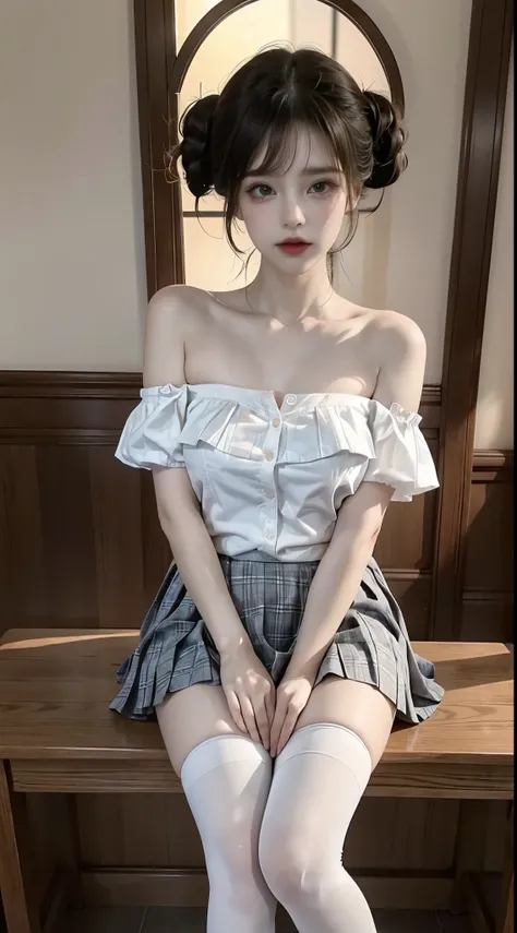white thighhighs,loafers,black footwear,brown footwear,,mary janes,pleated skirt,plaid skirt,serafuku, ((cowboy shot)), ((Bare shoulder)), ((Short hemlines)), (In the classroom, sitting at the desk, school style), Elegant, charming, pure lust, lip biting, ...