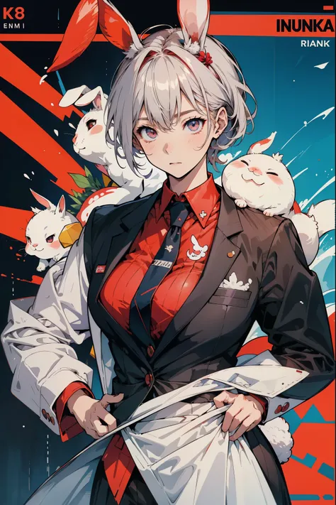 sakurajima,rabbit,uniforms，white shirt，conservative，with a touch of life，red tie，ocean park，comic cover style，comic cover title,...