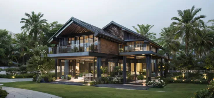 RAW photo, Exterior of modern villa, garden, zutuan,yuanlin,flower,Early morning,fog,nohumans,scenery,tree,field,plant,bushhydrangea,scenery,flower field,naturepath,daisy,day,road,purple flower,highcontrast, (road:1.3), (sidewalk:1.3), (sidewalk trees:1.3)...