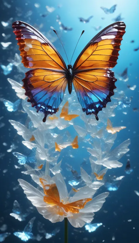 production_of_Item_Broken_Glass Solo,wing,Vague,no humans,Butterfly wing, Butterfly, focus,Fragments,Fragments, Bright colors, Luminescence, Waves,  