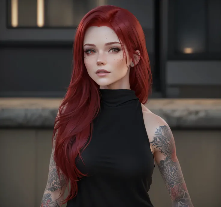 there is a woman with red hair and tattoos posing for a picture, beautiful realistic upper body, daz studio genesis iray female, 8k portrait render, realistic shaded, soft portrait shot 8 k, highly detailed character, hyper realistic style, [ 4 k photoreal...